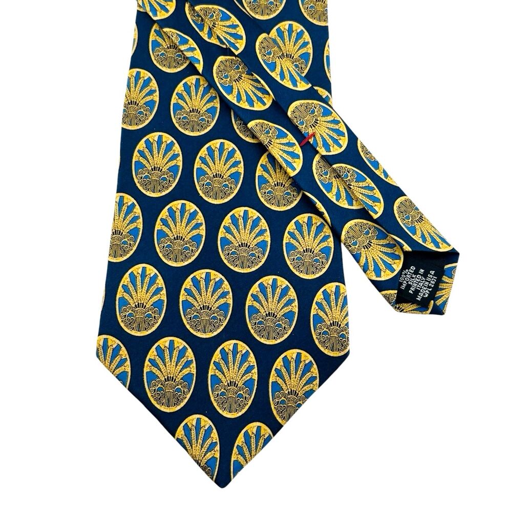 100% Silk Men’s Neck Tie Made In USA Navy Gold Medallion Courreges Homme EUC